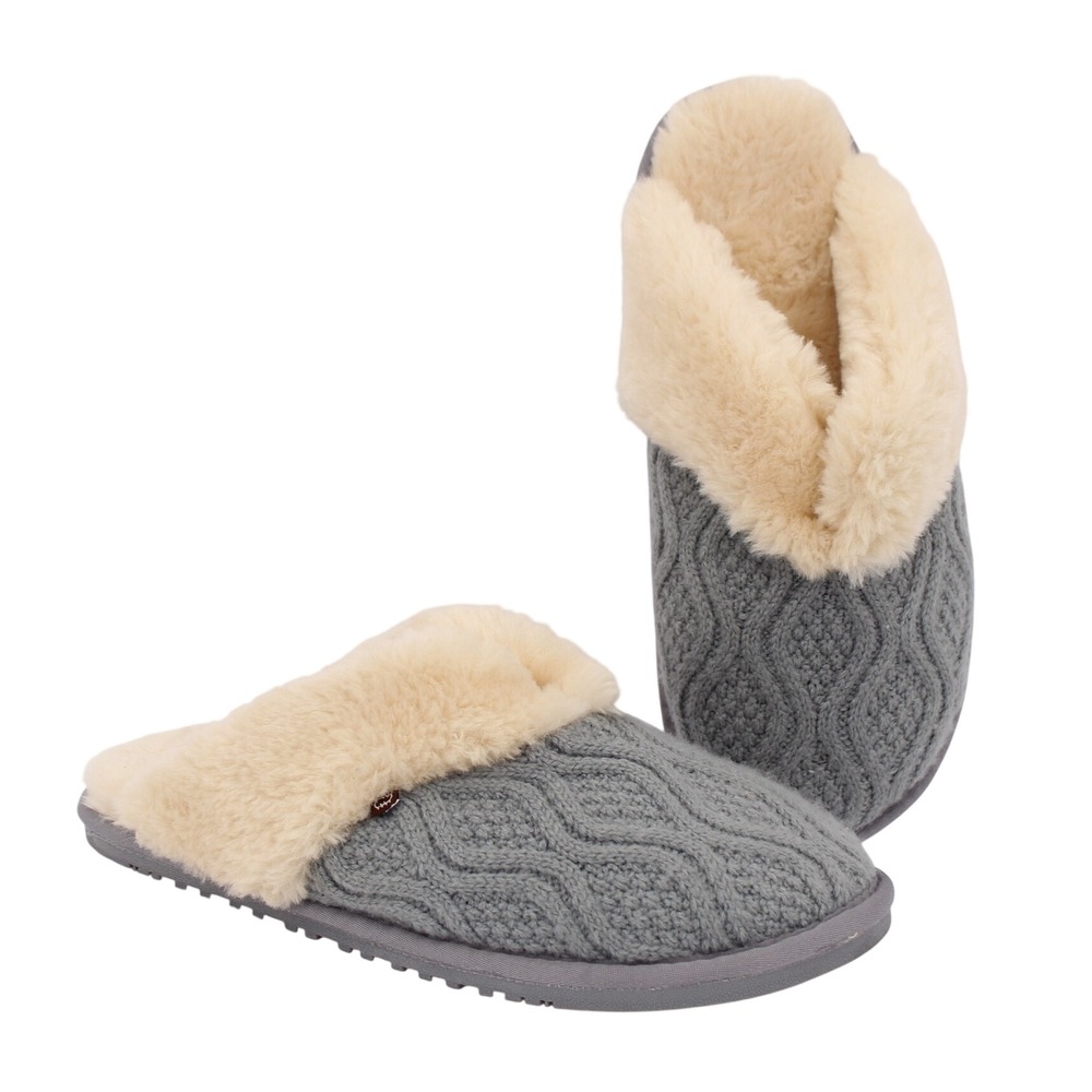 Lamo Caroline Knit Scuff Slippers Grey Faux Fur Lined House Shoes Size 9